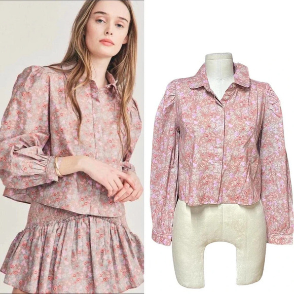 LoveShackFancy Sansom‎ Puff Sleeve Blouse In Warm Taupe Sienna Floral Size XS - Picture 1 of 10